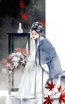  1girl absurdres black_hair blue_robe chinese_clothes chinese_commentary closed_eyes closed_mouth flower hair_bun hair_ornament hair_stick hand_on_table hanfu highres hua_xiangyi huadian leaf lipstick long_hair long_sleeves makeup qiang_jin_jiu red_flower red_lips robe sitting solo spider_lily spiderthread table vase very_long_hair white_hanfu wide_sleeves 