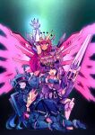  3girls absurdres armor arms_up asymmetrical_horns black_hair blue_eyes blush breasts commentary demon_horns destiny_gundam energy_wings english_commentary fang fin_funnels gouf gradient_hair gundam gundam_narrative gundam_seed gundam_seed_destiny halo headgear helmet heterochromia highres hololive hololive_english horns irys_(hololive) large_breasts long_hair long_pointy_ears mecha_musume mobile_suit_gundam multicolored_hair multiple_girls narrative_formation narrative_gundam narrative_gundam_b-packs nerissa_ravencroft ninomae_ina&#039;nis one_eye_closed open_mouth orange_hair pointy_ears purple_eyes purple_hair red_eyes rocky_birdy skin_fang smile star_halo tentacle_hair two-tone_hair uneven_horns v-fin very_long_hair virtual_youtuber 