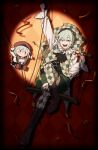  1girl argyle_background argyle_capelet argyle_clothes argyle_hat argyle_thighhighs arm_up ascot bang_dream! bang_dream!_it&#039;s_mygo!!!!! beret black_ascot black_corset black_skirt boots brown_boots brown_capelet brown_hat brown_thighhighs capelet character_doll chiaki_(cki121_cc) commentary confetti corset full_body green_brooch green_capelet green_hair green_hat green_shorts green_thighhighs hachibousei_dance_(bang_dream!) hair_between_eyes hand_up hat highres jester_cap knee_up lace-up_boots light_blush long_hair long_sleeves looking_at_viewer mortis_(bang_dream!) mortis_(costume)_(bang_dream!) mortis_(persona)_(bang_dream!) multicolored_capelet multicolored_hat multicolored_thighhighs neck_ruff official_alternate_costume on_swing open_mouth orange_background outstretched_arm puffy_long_sleeves puffy_shorts puffy_sleeves red_capelet red_hat red_shoes sentient_stuffed_toy shadow shirt shoes shorts sitting skirt spotlight swing tassel teeth thighhighs vignetting wakaba_mutsumi wakaba_mutsumi_(doll) white_ascot white_capelet white_hat white_shirt white_thighhighs yellow_eyes 