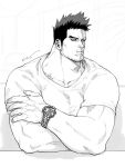  1boy alternate_costume bara beard blue_eyes boku_no_hero_academia casual collarbone crossed_arms endeavor_(boku_no_hero_academia) facial_hair jo_tuesday19 large_hands large_pectorals long_sideburns looking_to_the_side male_focus mature_male muscular muscular_male pectoral_squeeze pectorals red_hair scar scar_across_eye short_hair sideburns solo spiked_hair spot_color stubble thick_eyebrows third-party_source upper_body veins veiny_arms watch wristwatch 