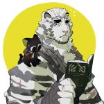  2boys arknights bara black_fur black_shirt book cat chain furry furry_male highres holding holding_book looking_at_another luoxiaohei male_focus mountain_(arknights) multiple_boys reading shirt simple_background sleeveless surprised sweatdrop the_legend_of_luo_xiaohei tiger tiger_boy wincalblanke 