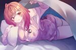  1girl ahoge arm_up blanket breasts cleavage closed_mouth highres holding holding_pillow hololive hololive_dev_is ichijou_ririka large_breasts medium_hair orange_eyes orange_hair pajamas pillow pink_shirt pink_shorts salt-less shirt shorts solo thigh_strap virtual_youtuber 