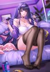  1girl alternate_costume animalization black_thighhighs breasts fox genshin_impact highres kacyu large_breasts long_hair looking_at_viewer pink_fur purple_hair raiden_shogun sleeping solo thighhighs yae_miko yae_miko_(fox) 