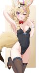  1girl absurdres ahoge animal_ears arm_behind_head armpits bare_hips bare_shoulders blonde_hair blush bow bowtie braid breasts detached_collar fox_ears fox_girl fox_tail hair_ribbon heart heart-shaped_pupils highres hololive medium_breasts omaru_polka one_eye_closed pink_hair playboy_bunny purple_eyes ribbon side_braid solo solo_focus symbol-shaped_pupils tail telomere thighhighs thighs tongue tongue_out virtual_youtuber wrist_cuffs 
