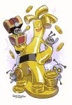  antennae belt coin colored_skin evolutionary_line gholdengo gimmighoul gold_coin gold_skin grey_skin highres nelnal pokemon pokemon_(creature) smile sparkle standing surfboard treasure_chest 