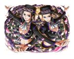  2girls black_hair black_headwear blue_eyes breasts cleavage goggles goggles_on_headwear halloween halloween_costume hat large_breasts long_hair multiple_girls nico_robin official_art one_piece one_piece_treasure_cruise smile top_hat 
