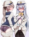  2girls absurdres ass blue_archive blue_vest blush bra brown_hair brown_pantyhose clothes_lift condom condom_in_mouth condom_wrapper earrings from_behind full-face_blush grey_hair halo hat highlander_railway_academy_student_(hg)_(blue_archive) highlander_railway_academy_student_(sg)_(blue_archive) highres jacket jewelry lifting_own_clothes long_hair looking_at_viewer medium_hair mouth_hold multiple_girls orange-bird panties panties_under_pantyhose pantyhose pink_bra police police_hat police_uniform policewoman ponytail purple_panties shaded_face simple_background skirt skirt_lift sweatdrop underwear undressing very_long_hair vest white_background white_hat white_jacket white_skirt 