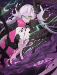  absurdres black_cloak black_hands body_markings breasts cloak colored_extremities demon_girl demon_horns fate/grand_order fate_(series) green_eyes grey_hair highres horns koma315ht lilith_(fate) lilith_(second_ascension)_(fate) medium_breasts pointy_ears twintails very_long_robe 
