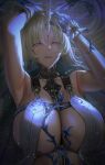  1girl absurdres armpits arms_up artist_name bare_shoulders biting_own_lip black_collar blonde_hair blue_eyes blue_hair breast_curtains breasts collar colored_inner_hair commentary fleurdelys_(wuthering_waves) hand_on_own_head hands_in_own_hair highres horns huge_breasts jewelry kenn_artz long_hair looking_at_viewer multicolored_hair necklace pointy_ears single_horn solo symbol-only_commentary tacet_mark_(wuthering_waves) upper_body very_long_hair wet wuthering_waves yellow_horns 