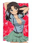  1girl aoshidan_school_uniform arm_behind_head arms_up belt black_belt black_hair blue_eyes blue_shirt breasts cleavage closed_mouth collared_shirt commentary cowboy_shot dark-skinned_female dark_skin el_(girls_und_panzer) flamenco floral_background girls_und_panzer green_skirt hand_in_own_hair long_hair looking_at_viewer medium_breasts miniskirt outline parted_lips partially_unbuttoned red_background school_uniform shirt short_sleeves skirt smile solo standing suspenders takahashi_kurage white_outline 