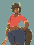  anthro baseball_bat bat_(object) brown_body brown_fur bulge clothed clothing equid equine fur girly green_eyes hi_res horse male mammal psydoux solo torn_clothing 