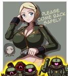  2girls absurdres black_hair blonde_hair blue_eyes blush breasts closed_mouth clothes_lift clothes_pull commentary comoli_harcourt dom_(mobile_suit) english_text forehead glowing glowing_eye gundam gundam_gquuuuuux highres holding jacket large_breasts long_sleeves looking_at_viewer mecha military_uniform mobile_suit mole mole_under_eye multiple_girls navel one-eyed open_mouth pulling_own_clothes red_eyes robot science_fiction sepha_(gundam_gquuuuuux) shirt short_hair shoulder_spikes skirt skirt_pull smile spikes sweatdrop weapon zaku_ii zaku_ii_s zeon zeon132 