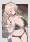  1girl black_bra black_panties blush bra breasts brown_hair cleavage commission front-hook_bra hair_between_eyes lace-trimmed_bra lace-trimmed_panties lace_trim large_breasts large_variant_set lips long_hair looking_at_viewer navel open_bra original oshiruko_(tsume) panties shirt skeb_commission solo stomach underwear variant_set white_shirt yellow_eyes 