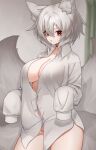  1girl :o animal_ear_fluff animal_ears breasts fox_ears fox_girl fox_tail grey_hair groin hair_between_eyes highres kitsune large_breasts long_sleeves looking_at_viewer multiple_tails naked_shirt original red_eyes shirt short_hair sleeves_past_fingers sleeves_past_wrists solo tail white_shirt yazune 