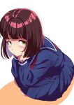  1girl blush brown_hair green_eyes highres long_sleeves looking_at_viewer miyake_shinobu nka_46 sailor_collar school_uniform serafuku short_hair simple_background solo urusei_yatsura white_background 