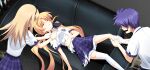  2girls ahoge belt black_belt black_bow black_hairband blonde_hair blue_hair blush bow brother_and_sister buttons chaos;head chaos;head_love_chu_chu! couch exhausted game_cg hair_bow hair_spread_out hairband helping highres leather_belt long_hair lying matsuo_yukihiro miniskirt multiple_girls nishijou_nanami nishijou_takumi nose_blush official_art on_back on_couch open_collar open_mouth orihara_kozue pale_skin pants pervert plaid_clothes plaid_pants plaid_skirt plaid_trim pleated_skirt purple_pants purple_skirt purple_trim removing_thighhigh school_emblem school_uniform shirt short_hair short_sleeves siblings skirt suimei_academy suimei_school_uniform sweatdrop thighhighs torn_clothes torn_shirt torn_skirt torn_sleeves torn_thighhighs twintails undressing undressing_another white_petticoat white_shirt white_thighhighs 