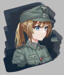  1girl bangs black_ribbon blue_eyes brown_hair closed_mouth collar_tabs commentary_request cropped_torso epaulettes feldgrau grey_background grey_headwear grey_shirt hat hat_ornament highres looking_ahead m43_field_cap military military_hat military_uniform multicolored_ribbon original pocket ponytail red_ribbon reichsadler ribbon shirt swastika uniform upper_body user_kfhv5847 wehrmacht white_ribbon world_war_ii 