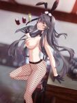  1girl ;d animal_ears arm_behind_back arm_support ass azur_lane bar_stool black_bow black_gloves black_hairband blush bow breasts brown_hair butt_crack cup detached_collar drinking_glass fishnet_pantyhose fishnets from_side gloves groin hairband hakamaboooots hand_up happy high_heels highres holding holding_tray indoors large_breasts leg_up legs long_hair looking_at_viewer medium_breasts nipples one_eye_closed pamiat_merkuria_(azur_lane) pantyhose pink_eyes rabbit_ears smile solo splashing standing standing_on_one_leg star_(symbol) stool thighs tray very_long_hair 