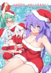  4girls absurdres ahoge black_heart blue_hair braid breasts christmas green_hair green_heart highres katade light_blue_hair long_hair looking_at_viewer medium_breasts multiple_girls neptune_(series) ponytail power_symbol purple_eyes purple_hair purple_heart red_eyes santa_costume symbol-shaped_pupils thighs twin_braids very_long_hair white_hair white_heart 