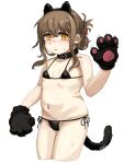  1girl animal_ears animal_hands bangs bikini black_bikini black_collar blush breasts brown_hair cat_ears cat_tail collar cropped_legs fake_animal_ears fake_tail folded_ponytail gloves hair_between_eyes highres inazuma_(kancolle) kantai_collection kuro4221 looking_at_viewer micro_bikini nose_blush parted_lips paw_gloves side-tie_bikini_bottom sidelocks simple_background small_breasts solo sweat swimsuit tail white_background 