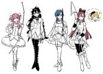  1girl 4boys ? akemi_homura akemi_homura_(cosplay) alibaba_saluja blonde_hair blue_hair boots bow bow_(weapon) braided_twintails cape cosplay crossdressing dress full_body hair_bow hairband highres holding holding_bow_(weapon) holding_polearm holding_sword holding_weapon judal kaname_madoka kaname_madoka_(cosplay) long_hair magi_the_labyrinth_of_magic magical_girl mahou_shoujo_madoka_magica medium_hair miki_sayaka miki_sayaka_(cosplay) multiple_boys open_mouth pantyhose partially_colored pink_eyes pink_hair polearm red_eyes red_hair ren_hakuryuu ren_kougyoku ren_kouha sakura_kyoko sakura_kyoko_(cosplay) shirt shoes short_hair simple_background skirt smile socks spear standing sword thighhighs tomoe_mami tomoe_mami_(cosplay) weapon white_background wrist_cuffs xuancheng 