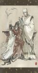  1girl 2boys absurdres black_boots black_eyes black_hair boots calligraphy_brush chinese_clothes chinese_commentary chumo-qulingxiao closed_mouth coin coin_mask covered_mouth dao_gui_yi_xian dress faux_traditional_media flower full_body green_dress green_hanfu hair_bun hair_flower hair_ornament hair_ribbon hair_rings half_updo hanfu hat hat_ribbon highres holding holding_scroll holding_toy holed_coin ink_wash_painting jin_(headwear) li_huowang li_sui_(princess_anping) long_hair long_sleeves looking_at_another mask monster_girl mouth_veil multiple_boys paintbrush pen_holder plant qixiong_ruqun red_hanfu red_ribbon ribbon robe scroll seal_impression shawl single_hair_bun sitting smile standing table tentacles torn_clothes toy updo vase veil white_flower white_hanfu white_hat wide_sleeves yellow_shawl zhongguo_hua zhouzi_jin_(headwear) zhuge_yuan 