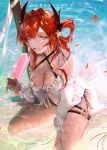  1girl absurdres arknights bangs beach bikini breasts cleavage closed_mouth copyright_name food frilled_bikini frills full_body highres holding holding_food horns long_hair looking_at_viewer petals popsicle purple_eyes red_hair sitting solo summer surtr_(arknights) surtr_(colorful_wonderland)_(arknights) swimsuit tongue tongue_out waiomori wariza water white_bikini 