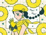  1girl black_hair commentary earrings food food-themed_earrings fruit gloves green_eyes hat highres jewelry kohaku_ame original pineapple pineapple_earrings pineapple_slice ponytail profile smile solo yellow_gloves yellow_hat 