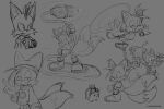 6+boys animal_ears animal_nose blue_eyes commentary english_commentary fantasy flying fox_boy fox_ears furry furry_male gloves headband highres male_focus mechanical_arms mechanical_tentacles monochrome multiple_boys multiple_tails nine_(sonic) partially_colored piriiwana plug science_fiction short_sleeves simple_background sketch sleeping smile sonic_(series) sonic_boom_(game) sonic_prime swinging tail tails_(sonic) two_tails zzz 
