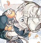  1girl absurdres bandages bandaid detached_sleeves eating food fruit gauze_on_arm highres kagamine_rin looking_at_viewer mandarin_orange solo soresaki vocaloid 