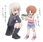  2girls aged_down bandaid bangs beetle black_footwear black_skirt blue_shorts boko_(girls_und_panzer) brown_eyes brown_hair bug cage check_commentary commentary commentary_request dress_shirt girls_und_panzer grey_hair grey_shirt hand_on_own_face highres holding holding_cage insect_cage itsumi_erika kneehighs kuromorimine_school_uniform loafers long_sleeves medium_hair multiple_girls nishizumi_miho pink_footwear pink_shirt pleated_skirt ri_(qrcode) school_uniform shirt shoes shorts simple_background skirt sneakers socks squatting time_paradox translated white_background wing_collar 