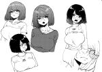  bangs bare_shoulders black_hair bob_cut breasts bright_pupils collarbone contrapposto desyana_laurentia dress furrowed_brow glasses greyscale head_tilt highres jewelry large_breasts looking_at_viewer looking_away looking_to_the_side medium_hair monochrome multiple_views necklace norman_maggot open_mouth original reference_sheet sideways_glance sleeveless sweater swept_bangs turtleneck unamused upper_body 
