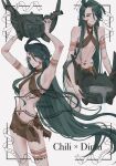  1girl armor arms_up breasts brown_skirt cosplay covered_nipples ear_piercing earrings english_text facepaint green_hair highres holding jewelry long_hair looking_at_viewer mtkpasta multiple_views narrow_waist navel_piercing open_mouth parted_lips piercing pokemon pokemon_sv ponytail red_eyes rika_(pokemon) simple_background skinny skirt small_breasts tattoo ting-lu_(pokemon) triangle_earrings tribal_tattoo very_long_hair white_background 