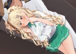  1boy 1girl admiral_(kancolle) befu blonde_hair blush bra bra_visible_through_clothes breasts closed_mouth contrast_collar couch cuddling embarrassed faceless faceless_male grabbing_from_behind green_bra green_skirt grey_eyes hair_between_eyes hair_ornament hat hug hug_from_behind jacket kantai_collection large_breasts long_hair lying minneapolis_(kancolle) minneapolis_(tennis)_(kancolle) on_couch on_side pants pleated_skirt polo_shirt shirt skirt spooning sportswear tennis_skirt tennis_uniform two_side_up underwear wavy_hair wavy_mouth white_hat white_jacket white_pants white_shirt 