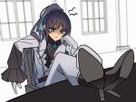  1girl ado_(utaite) black_hair black_shoes blue_eyes blue_hair chando_(ado) colored_inner_hair commentary_request feet_on_table gloves high_heels highres long_hair long_sleeves looking_at_viewer mole mole_under_eye multicolored_hair pants pike_(azas_ef) ponytail shoe_soles shoes sitting solo utaite white_gloves white_pants 
