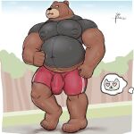  alanottaviano anthro barazoku bear belly bodily_fluids brown_bear brown_body brown_fur bulge clothing exercise fur grizzly_bear hi_res male mammal musclegut muscular muscular_male overweight overweight_male solo sweat ursine 