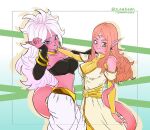  2girls absurdres android_21 arm_warmers bandeau blue_eyes bracelet breasts chronoa circlet cleavage colored_skin commentary dragon_ball dragon_ball_fighterz dragon_ball_heroes dragon_ball_xenoverse earrings english_commentary highres jewelry large_breasts long_hair majin_android_21 multiple_girls navel neck_ring pea-bean pink_hair pink_skin pointy_ears potara_earrings ring smile tail twitter_username white_hair yellow_eyes 