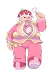  1boy absurdres anime_coloring arm_at_side arm_up bald fat flower food-themed_hat full_body gingham_necktie half-closed_eye happy highres holding holding_flower jacket long_sleeves looking_at_object looking_to_the_side male_focus micelle_puyo multicolored_shoes necktie no_mouth pants pink_jacket pink_pants pink_shoes purple_necktie puyo_(puyopuyo) puyopuyo red_shoes round_nose shirt shoes simple_background solid_circle_eyes standing standing_on_one_leg strawberry_hat tachi-e tartar_(puyopuyo) two-tone_necktie two-tone_shoes walking white_background white_flower white_necktie white_shirt yellow_trim 