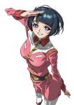  1girl belt black_hair blue_eyes blush bob_cut boots breasts commentary earth_federation earth_federation_space_forces gundam gundam_gquuuuuux highres jacket large_breasts looking_at_viewer military military_jacket military_uniform open_mouth paintedmike shiiko_sugai short_hair simple_background smile solo thighhighs 