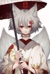  1girl animal_ear_fluff animal_ears fox_ears fox_girl fox_tail grey_hair hair_between_eyes hair_ornament highres holding holding_umbrella japanese_clothes kimono long_sleeves looking_at_viewer multiple_tails obi original parted_lips red_eyes red_sash sash short_hair simple_background solo tail umbrella upper_body white_background white_kimono wide_sleeves yazune 