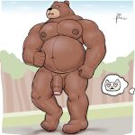  alanottaviano anthro balls barazoku bear belly bodily_fluids brown_bear brown_body brown_fur bulge clothing exercise fur genitals grizzly_bear hi_res male mammal musclegut muscular muscular_male overweight overweight_male penis solo sweat ursine 