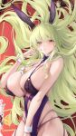  1girl animal_ears azur_lane bare_shoulders between_breasts breasts card card_between_breasts covered_nipples dakimakura_(medium) fake_animal_ears green_hair highres huge_breasts leotard long_hair looking_at_viewer napoli_(azur_lane) napoli_(dreamy_night)_(azur_lane) o-yatsu official_alternate_costume panties playboy_bunny poker_chip poker_table purple_leotard purple_panties rabbit_ears red_eyes skindentation solo table underwear very_long_hair white_wrist_cuffs wrist_cuffs 
