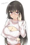  1girl alternate_costume black_hair breasts choukai_(kancolle) cleavage gakky kantai_collection long_hair medium_breasts meme_attire one-hour_drawing_challenge open-chest_sweater red_eyes ribbed_sweater solo sweater turtleneck upper_body white_sweater 