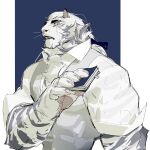  1boy arknights bara book furry furry_male highres holding holding_book looking_at_viewer male_focus mountain_(arknights) mountain_(book_reader)_(arknights) multiple_scars scar shirt simple_background tiger tiger_boy white_shirt wincalblanke 