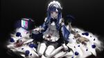  1girl black_bow black_shoes blood blood_on_face blue_flower blue_hair blue_rose blunt_bangs bow bowtie brown_eyes chainsaw dress flower full_body headdress highres indie_utaite juliet_sleeves long_hair long_sleeves looking_at_viewer maid maid_headdress parted_lips puffy_sleeves rose shoes sitting solo stuffed_animal stuffed_toy teddy_bear television thighhighs utaite vase wariza white_headdress white_thighhighs youichi_(45_01) 