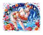  1girl bent_over blue_hair flower hair_flower hair_ornament head_wreath long_hair looking_at_viewer nefertari_vivi official_art one_piece one_piece_treasure_cruise open_mouth orange_flower palm_tree pink_flower red_flower solo solo_focus teeth tree water 
