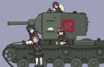  5girls alina_(girls_und_panzer) bangs black_footwear black_gloves black_hair black_headwear black_skirt black_socks black_vest boots brown_hair brown_headwear closed_eyes commentary crossed_arms emblem extra fur_hat girls_und_panzer glasses gloves green_jacket ground_vehicle guropara hat holding holding_brush jacket kneeling kv-2 long_sleeves looking_at_another low_twintails military military_uniform military_vehicle miniskirt motor_vehicle multiple_girls nina_(girls_und_panzer) open_mouth paint_can paintbrush pleated_skirt pravda_(emblem) pravda_military_uniform red_shirt round_eyewear shirt short_hair short_twintails skirt smile socks standing tank tank_helmet turtleneck twintails uniform ushanka vehicle_focus vest 