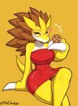 absurd_res anthro big_breasts breasts chrissy_(friendlocke) claws clothed clothing cookie crossed_legs curvy_figure digital_media_(artwork) dress eyewear female food friendlocke gem generation_1_pokemon glasses hi_res holding_food holding_object humanoid jewelry mehdrawings necklace nintendo pearl_(gem) pearl_necklace pokemon pokemon_(species) red_clothing red_dress sandslash signature simple_background sitting small_waist solo tail thick_thighs topwear wide_hips yellow_body
