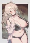  1girl black_bra black_panties blush bra bra_lift breasts brown_hair cleavage commission front-hook_bra hair_between_eyes heavy_breathing lace-trimmed_bra lace-trimmed_panties lace_trim large_breasts large_variant_set long_hair looking_at_viewer navel nipples open_bra open_mouth original oshiruko_(tsume) panties shirt skeb_commission smile solo stomach teeth underwear variant_set white_shirt yellow_eyes 