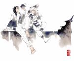  2boys arm_support barefoot boots calligraphy_brush chinese_clothes chinese_commentary closed_mouth ding_tao full_body gu_jin hanfu hat highres holding holding_calligraphy_brush holding_jug holding_paintbrush holding_paper limited_palette long_hair long_sleeves looking_at_object male_focus multiple_boys paintbrush pants paper partially_colored qiang_jin_jiu rice_hat sitting spiderthread topknot wide_sleeves yuanlingpao 